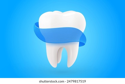 3d realistic vector healthy glowing tooth. Vortex shield around white tooth. Dental care, protection and whitening. Vector illustration