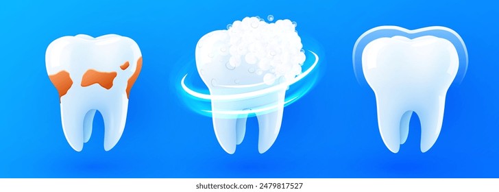 Vector realista 3d diente brillante saludable. Escudo de protección y curación de placas dentales. Cuidado dental, protección y blanqueamiento. Ilustración vectorial