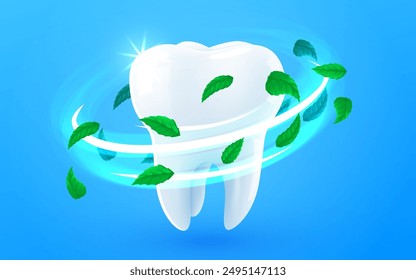 Vector realista 3d diente brillante saludable. Vórtice claro con hojas alrededor de diente blanco. Cuidado dental, protección y blanqueamiento. Ilustración vectorial