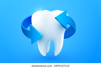 3d realistic vector healthy glowing tooth. Arrows around white tooth. Dental care, protection and whitening. Vector illustration