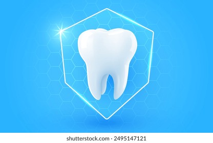 3d realistic vector healthy glowing tooth. Shield around white tooth. Dental care, protection and whitening. Vector illustration