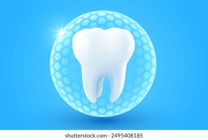 3d realistic vector healthy glowing tooth. Shield around white tooth. Dental care, protection and whitening. Vector illustration