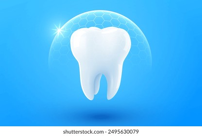 3d realistic vector healthy glowing tooth. Shield around white tooth. Dental care, protection and whitening. Vector illustration