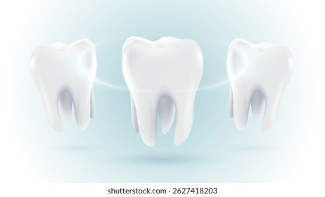 3D realistic vector healthy glowing tooth. Dental care, protection and whitening. Dental care, taking care of teeth. Dental servises.