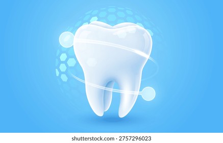 3d realistic vector healthy glowing tooth. Shield around white tooth. Dental care, protection and whitening. Vector illustration