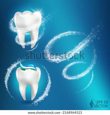 3d realistic vector healthy glowing tooth. Foam vortex around white tooth and mint toothpaste. Dental care, protection and whitening illustration
