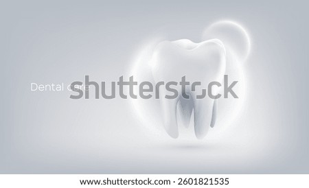3D realistic vector healthy glowing tooth. Dental care, protection and whitening. Dental care, taking care of teeth. Dental servises. Dentistry, Orthodontic concept. 3D Tooth with shine backgroud