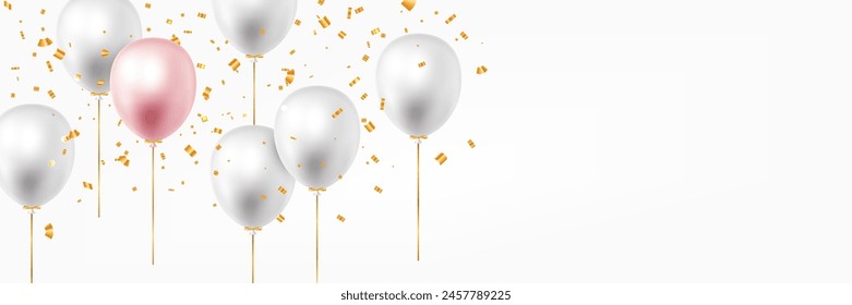 3D realistic vector holiday background. White and pink balloons with golden confetti.