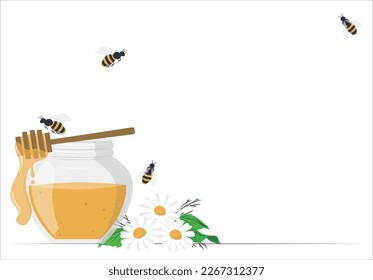 3d realistic vector with honey, pieces of honeycomb, flying bee, chamomile flowers, propolis, flowing liquid on a stick, puddles and drops of honey, inscription in the form honey