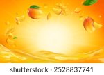 3d realistic vector horizontal banner, mango juice splash, mango juice color background with flying leaves for your design, ads