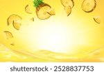 3d realistic vector horizontal banner, pineapple juice splash, pineapple juice color background with flying leaves for your design, ads