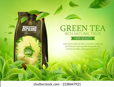 3d realistic vector horizontal banner, nature, green tea garden background with tea packaging and flying leaves  for your design, ads