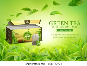 3d realistic vector horizontal banner, nature, tea plantation, green tea garden background with tea packaging and flying leaves, tea bag