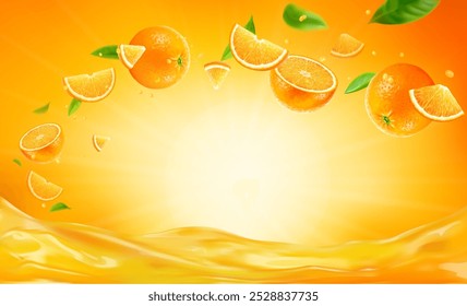 3d realistic vector horizontal banner, orange juice splash, orange juice color background with flying leaves for your design, ads