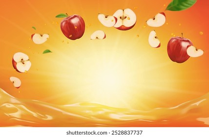 Banner horizontal vetor realista 3d, splash de suco de maçã, fundo de cor de suco de maçã vermelho com folhas voadoras para seu design, anúncios