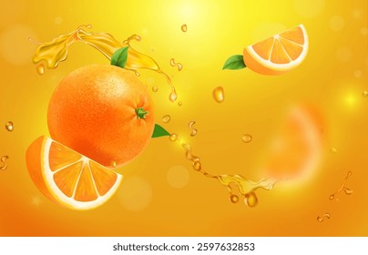 3d realistic vector horizontal banner, orange liquid with bubbles and falling citrus fruits, orange juice splash, orange color background with flying fruit ads