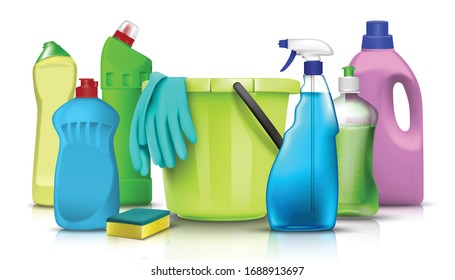 3d realistic vector household cleaning products and accessories collection of kitchen and house cleaning utensils and bottles with plastic bucket and gloves. Isolated illustration.