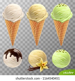 3d realistic vector ice cream scoops in a waffle cones (melted chocolate, vanilla flower and sticks, pistachios)