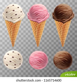 3d realistic vector ice cream scoops in a waffle cones (with raisins, fruit strawberry, chocolate)