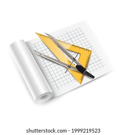 3d realistic vector icon architecture paper roll with measuring tools.