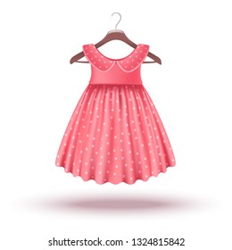 3d realistic vector icon: baby girl wardrobe pink dress for special occasion on the hanger.