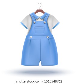 3d realistic vector icon: baby boy wardrobe blue overalls with white t-shirt for special occasion on the hanger.