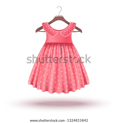 3d realistic vector icon: baby girl wardrobe pink dress for special occasion on the hanger.