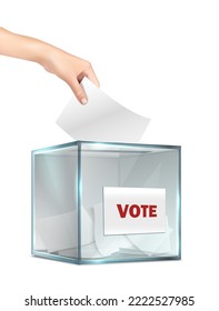 3d realistic vector icon. Ballot box made of glass and hand putting voting paper inside. Election concept. Isolated on white background.