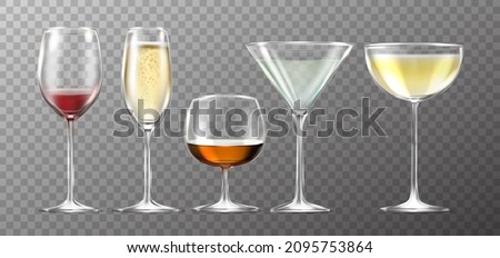 3d realistic vector icon. big collection of full glasses, vine, champagne, martini,margarita.