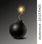 3d realistic vector icon. Black round bomb with  burning fuse, isolated on transparent background.