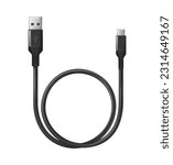 3d realistic vector icon. Black charging usb cabel. Isolated on white.