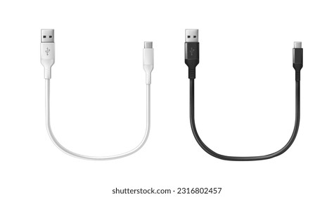 3d realistic vector icon. Black and white charging usb cabel. Isolated on white.