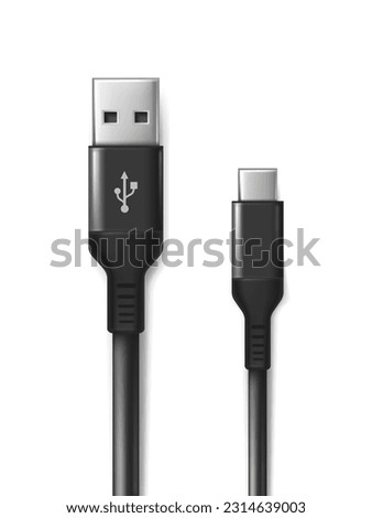 3d realistic vector icon. Black USB cabel. Isolated on white background.
