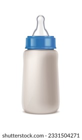 3d realistic vector icon. Blue milk baby bottle. Isolated on white background.