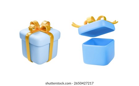 3d realistic vector icon of blue gift box. Opened and closed gift boxes Set of white gift boxes with yellow golden ribbons bow. Present box isolated on white background.