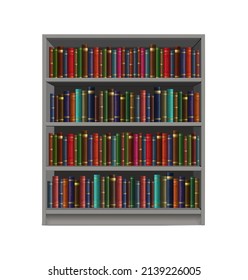 3d realistic vector icon. Bookcase with colorful book rows. Library studying.
