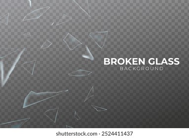 3d realistic vector icon. Broken glass, cracked hole with broken pieces with flying around cracks. Isolated on transparent background.