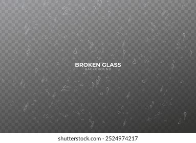 3d realistic vector icon. Broken glass, cracked hole with broken pieces with flying around cracks. Isolated on transparent background.