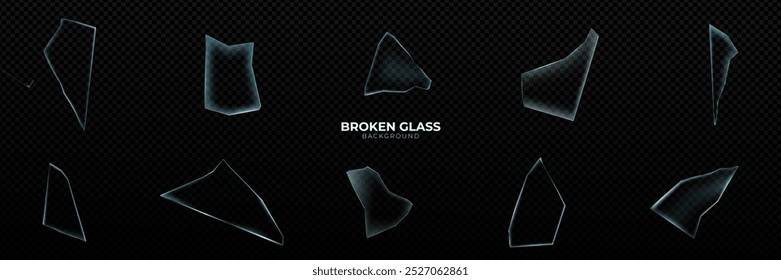 3D realistisches Vektorsymbol. Zerbrochenes Glas, zerbrochenes Loch mit zerbrochenen Stücken, die um Risse fliegen. Einzeln auf transparentem Hintergrund.