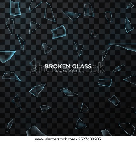 3d realistic vector icon. Broken glass, cracked hole with broken pieces with flying around cracks. Isolated on transparent background.