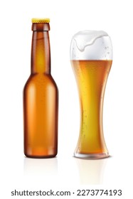 3d realistic vector icon. Brown transparent beer bottle with beer mug with foam. isolated on white background.