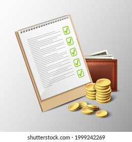 3d realistic vector icon of budget notebook, wallet and gold coins.