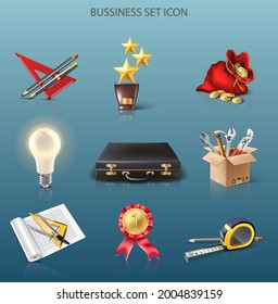 3d conjunto de negocios de iconos vectoriales realistas. Trofeo, dinero, idea, proyecto.