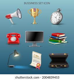 3d realistic vector icon business set. Computer, books, briefcase, phone, lamp, watch, trophy.