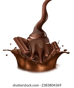3d realistic vector icon. Chocolate splash with liquind and choco bar. Isolated.
