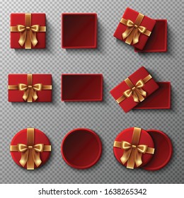 3d realistic vector icon collection of presents in square shape, round and rectangular red box with a golden ribbon bow in top view. Open package mockup, design template with cover top. 