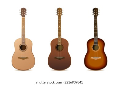 3d realistic vector icon. collection of acoustic dark wooden guitars. 