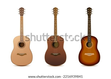 3d realistic vector icon. collection of acoustic dark wooden guitars. 