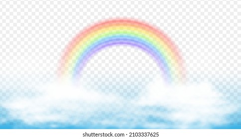 3d realistic vector icon. Colorful rainbow on white clouds.