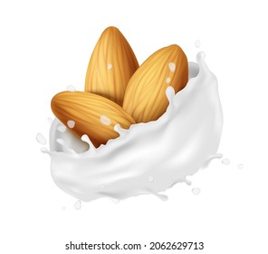 3d realistic vector icon. Design element for packaging, banners, advertising and flyers. Dairy. Almonds in a milk splash.